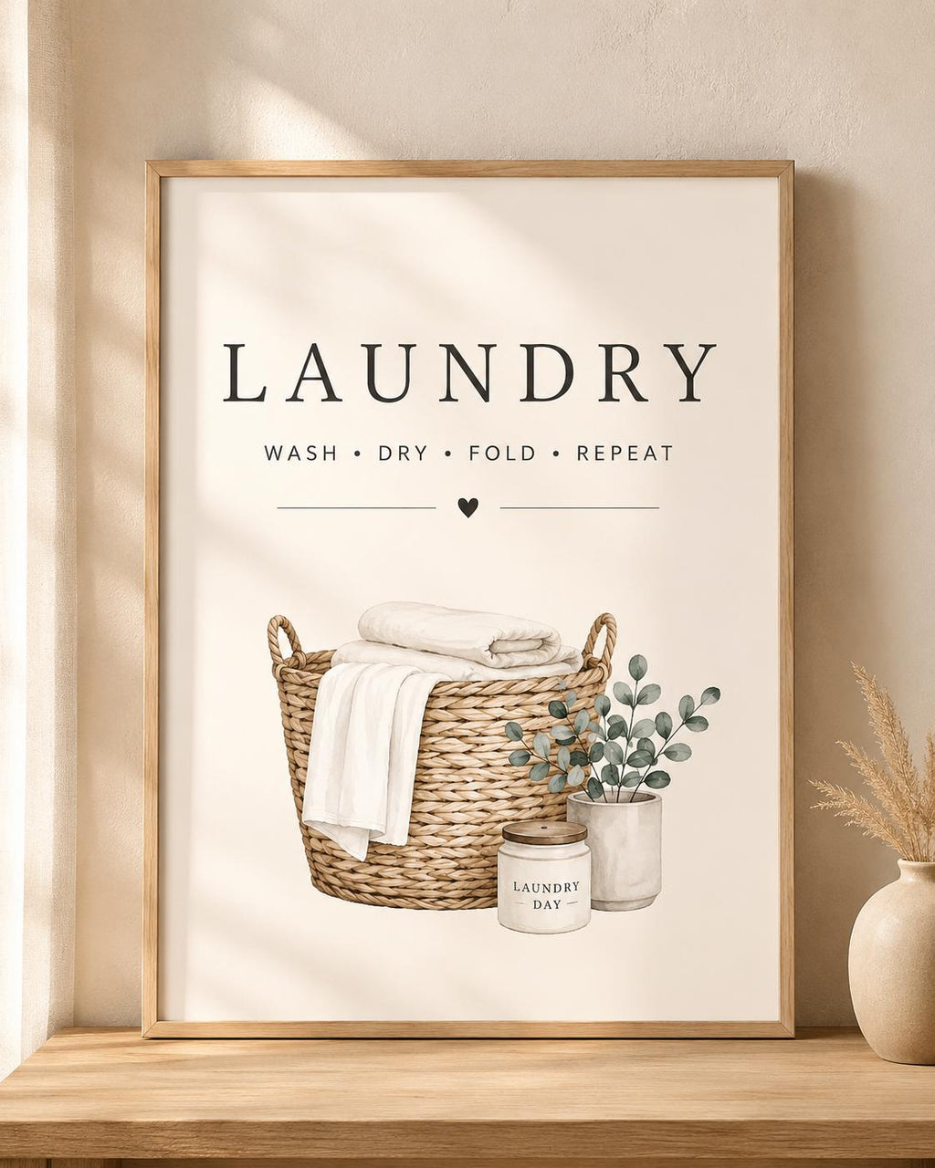 Laundry basket with folded linens, foliage and wash dry fold repeat lettering; print only, frame not included