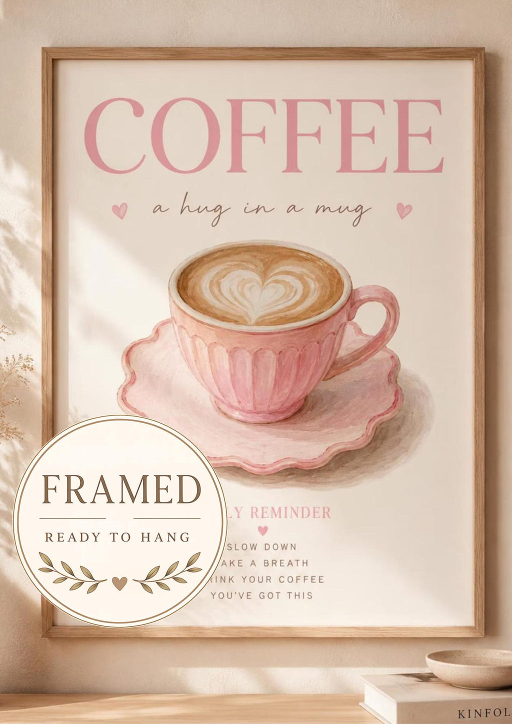 Framed Pink Coffee Print, Watercolour Latte Art for Kitchen Coffee Bar