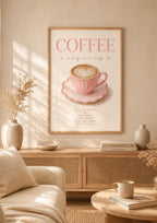 Framed Pink Coffee Print, Watercolour Latte Art for Kitchen Coffee Bar