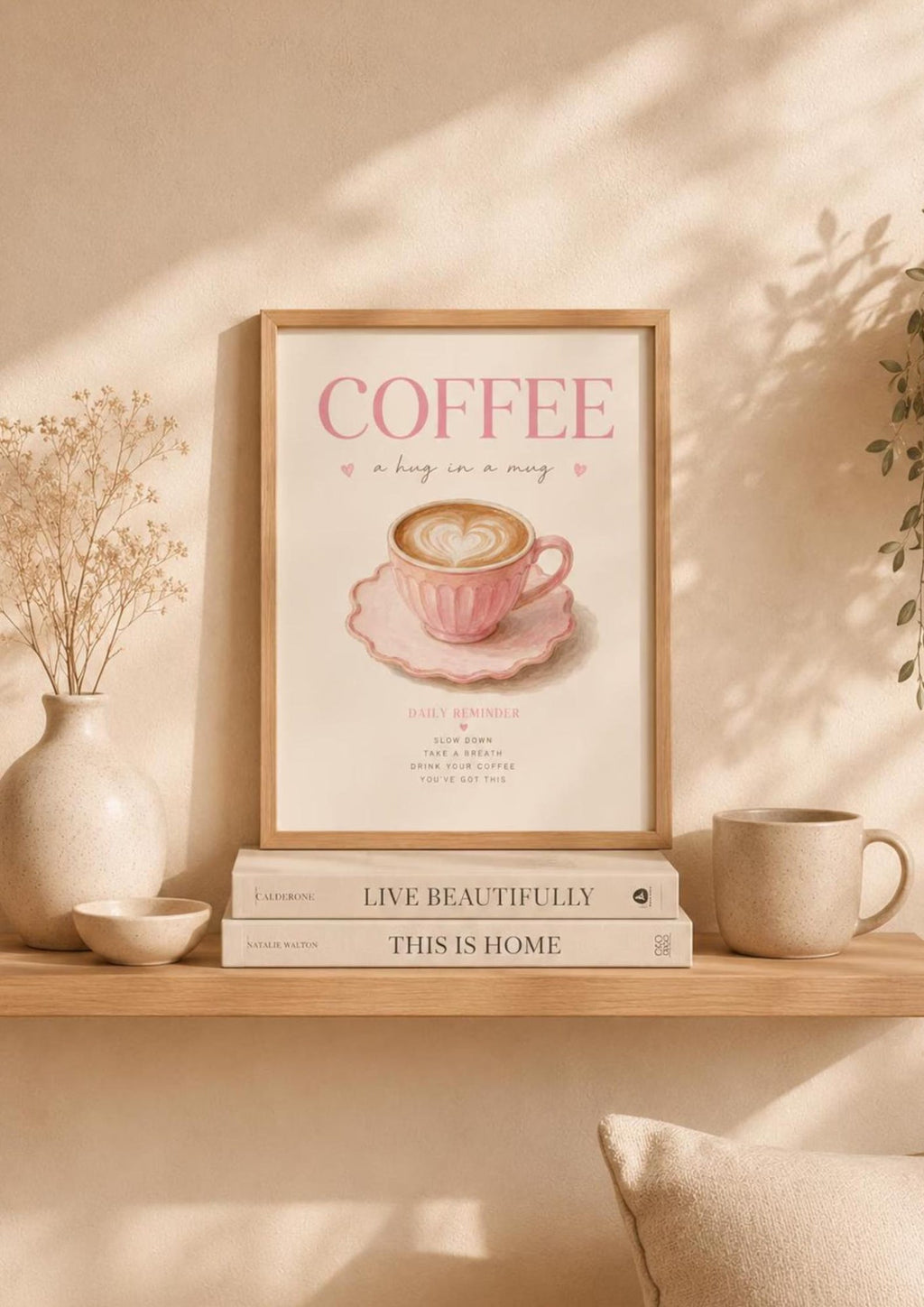 Framed Pink Coffee Print, Watercolour Latte Art for Kitchen Coffee Bar
