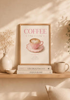 Framed Pink Coffee Print, Watercolour Latte Art for Kitchen Coffee Bar