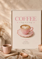 Framed Pink Coffee Print, Watercolour Latte Art for Kitchen Coffee Bar