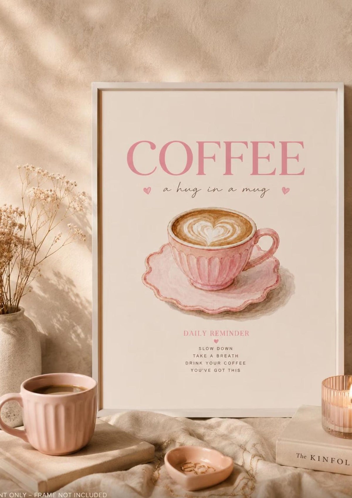 Framed Pink Coffee Print, Watercolour Latte Art for Kitchen Coffee Bar