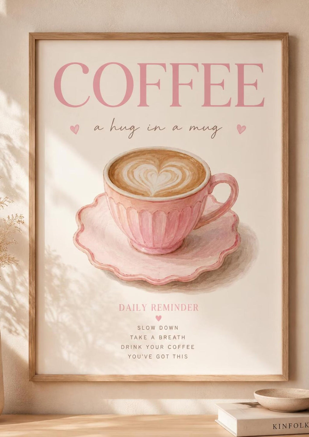 Framed Pink Coffee Print, Watercolour Latte Art for Kitchen Coffee Bar