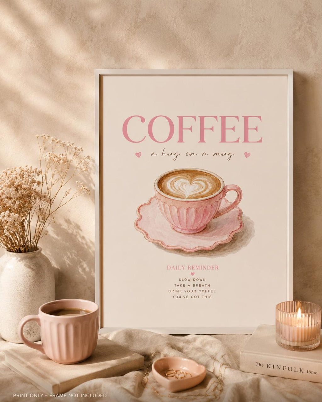 Coffee Wall Art Print, Pink Coffee Station Decor, Kitchen Wall Art, Coffee Lover Gift, Scandinavian Cafe Print, Neutral Home Decor