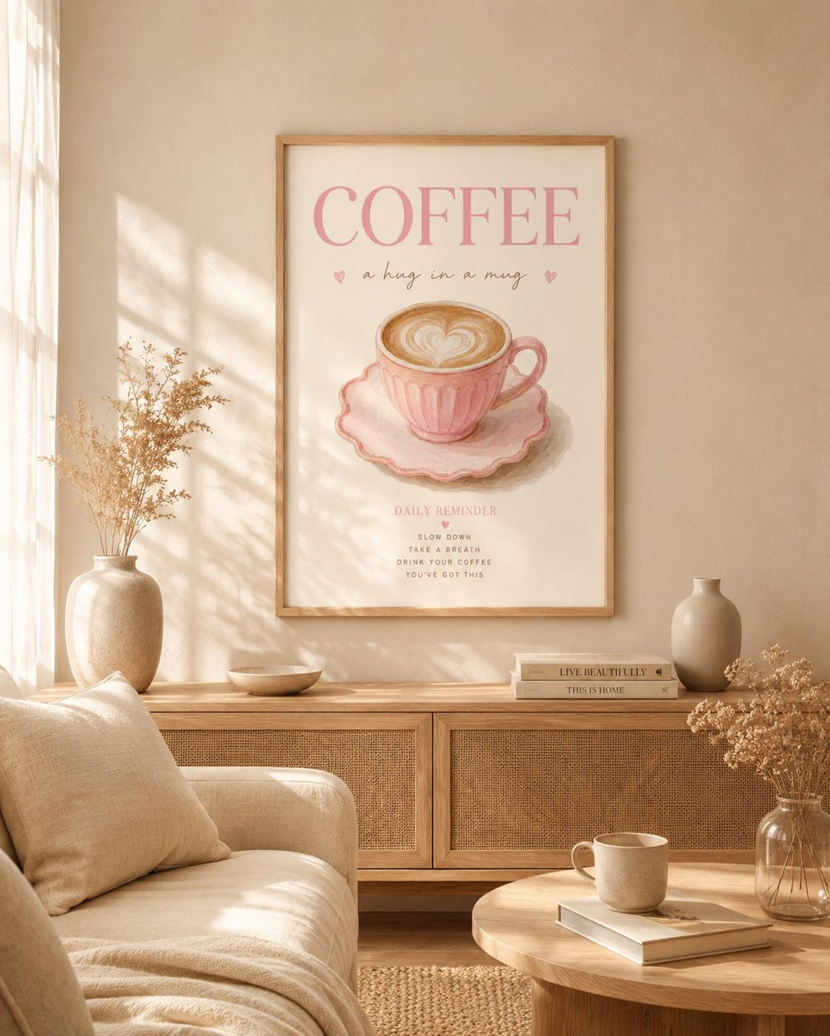 Coffee Wall Art Print, Pink Coffee Station Decor, Kitchen Wall Art, Coffee Lover Gift, Scandinavian Cafe Print, Neutral Home Decor