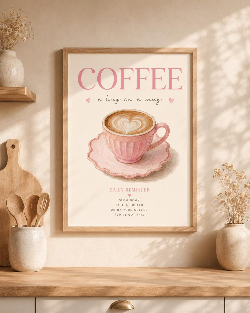 Coffee Wall Art Print, Pink Coffee Station Decor, Kitchen Wall Art, Coffee Lover Gift, Scandinavian Cafe Print, Neutral Home Decor