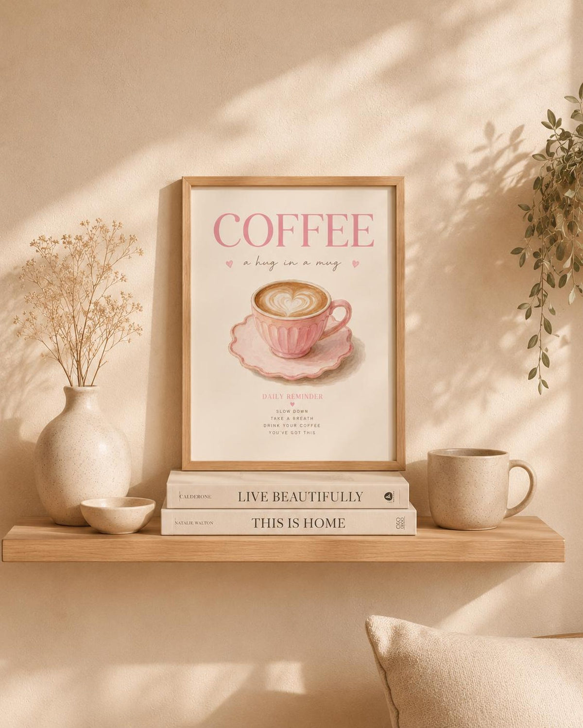 Coffee Wall Art Print, Pink Coffee Station Decor, Kitchen Wall Art, Coffee Lover Gift, Scandinavian Cafe Print, Neutral Home Decor