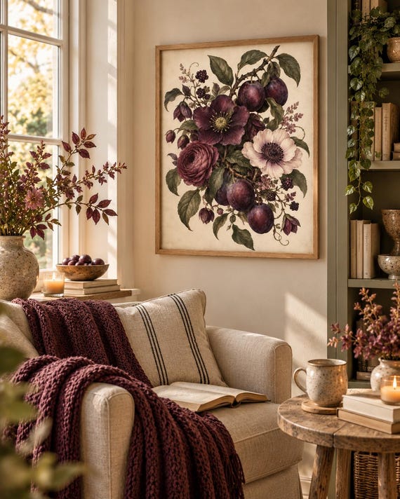 Vintage plum botanical print in a warm interior