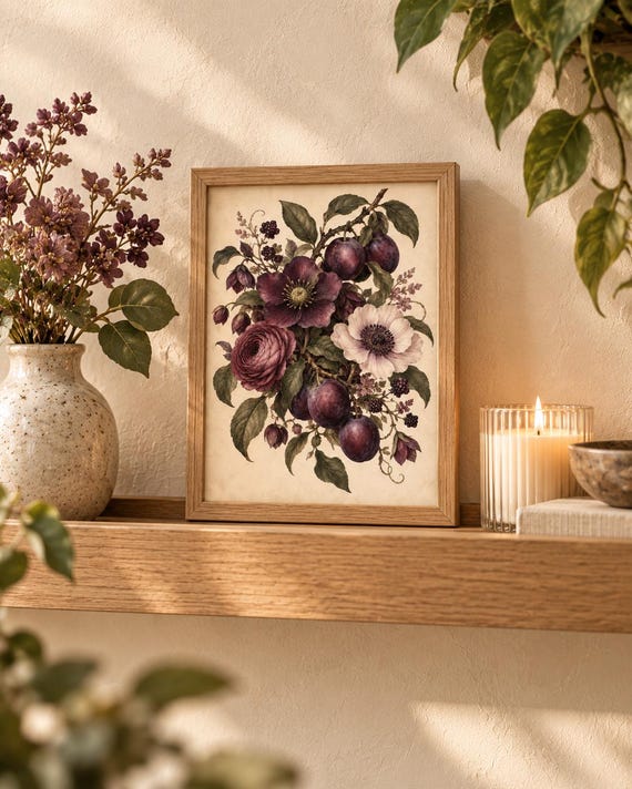 Vintage fruit botanical print styled in a cottage interior
