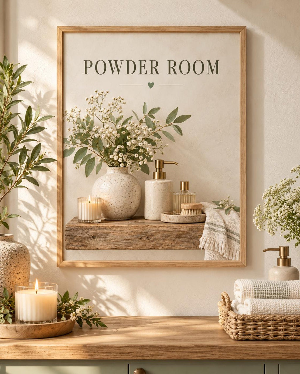 Powder Room Print, Neutral Botanical Bathroom Art, Downstairs Toilet Decor — front image