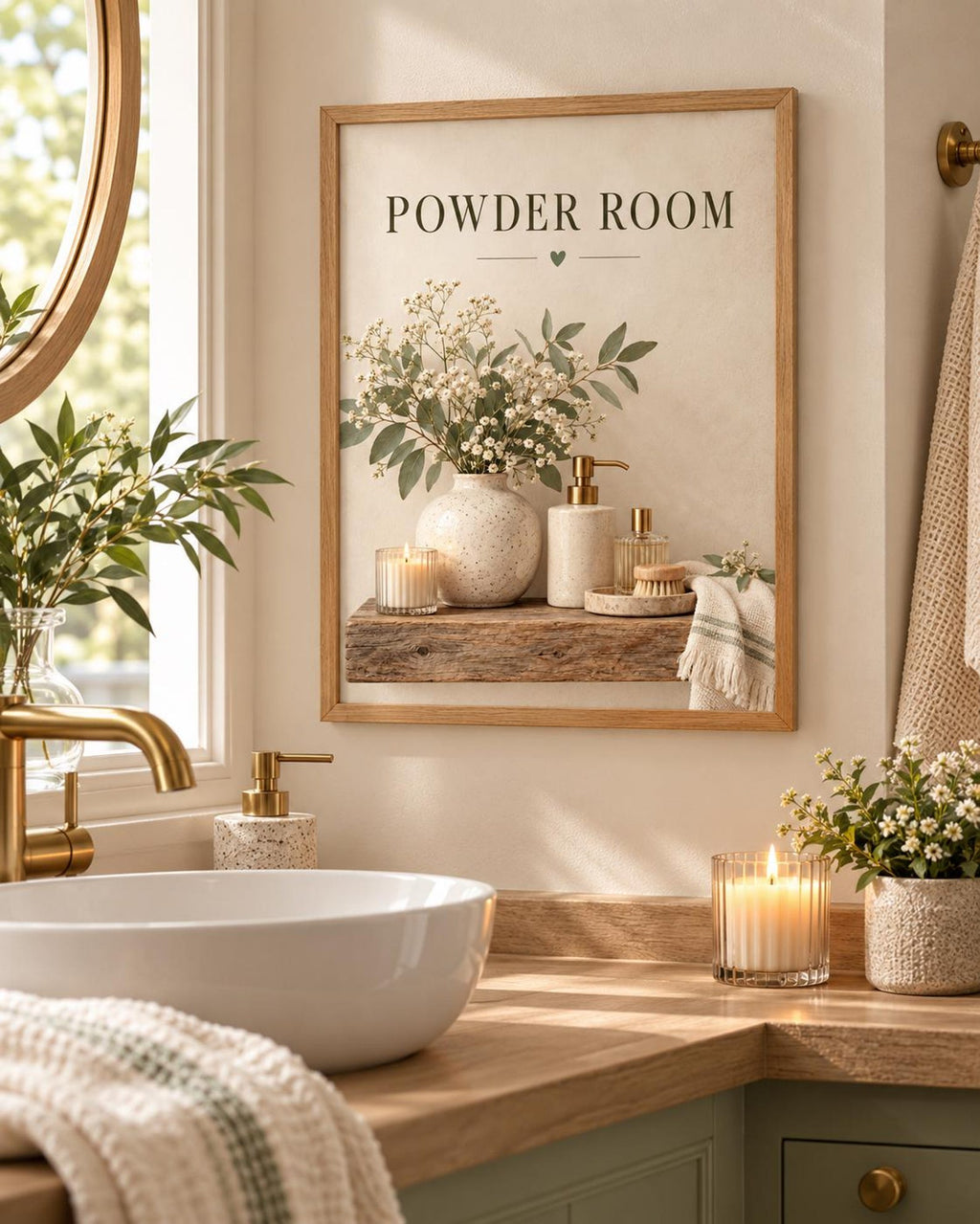 Powder Room Print, Neutral Botanical Bathroom Art, Downstairs Toilet Decor — lifestyle mockup 3