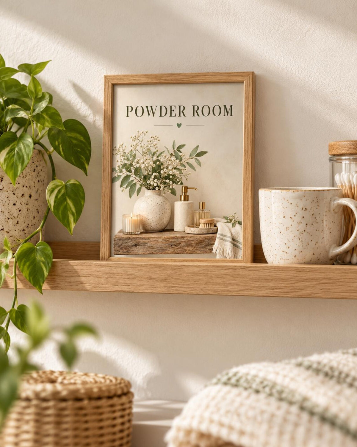 Powder Room Print, Neutral Botanical Bathroom Art, Downstairs Toilet Decor — lifestyle mockup 5
