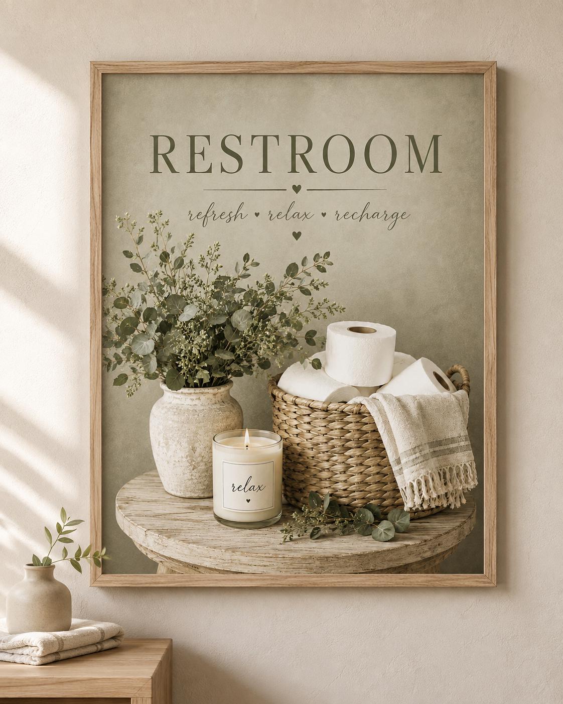 Restroom artwork with eucalyptus, woven basket, towel and candle; frame shown for styling only.