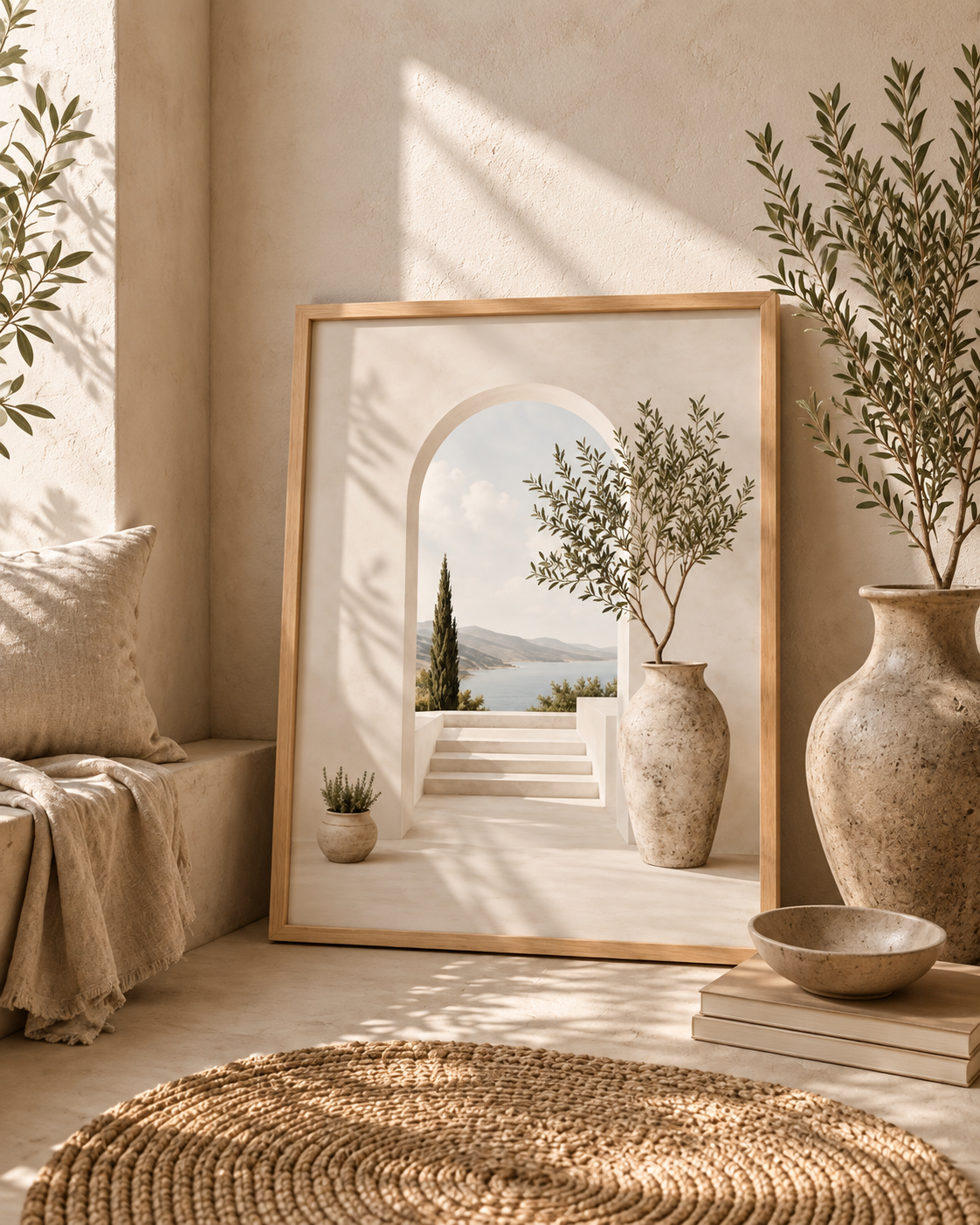 Mediterranean Coastal Wall Art Print, Neutral Landscape Decor, Arched Window Print, Beige Minimalist Living Room Artwork