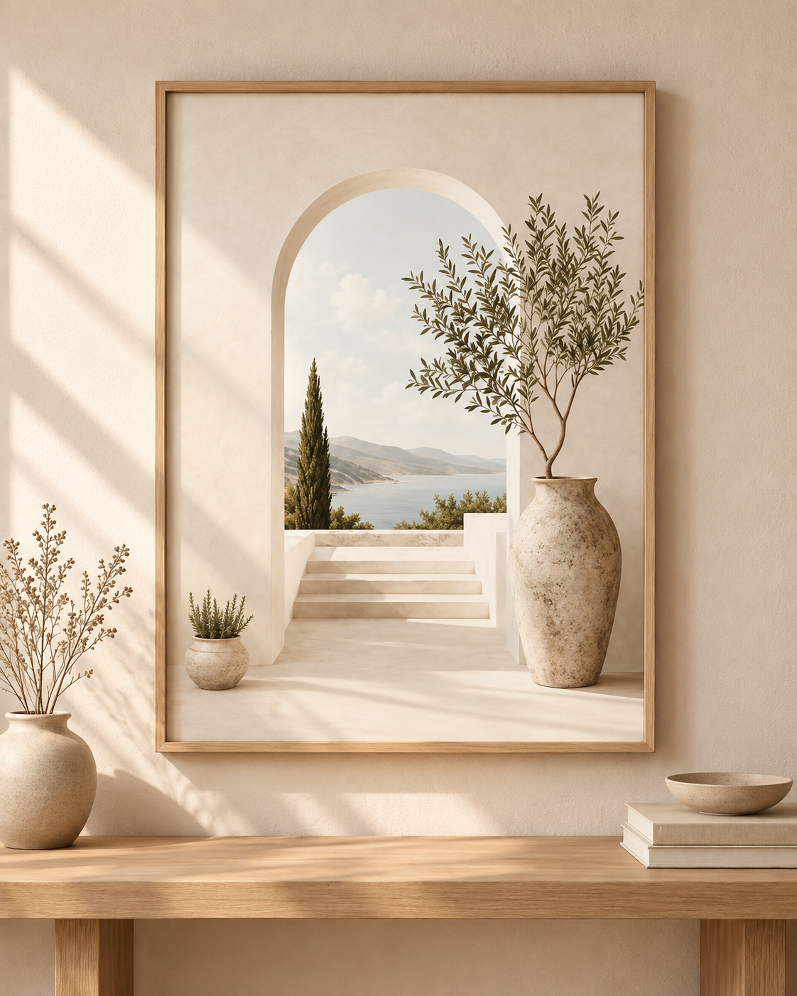 Mediterranean Coastal Wall Art Print, Neutral Landscape Decor, Arched Window Print, Beige Minimalist Living Room Artwork