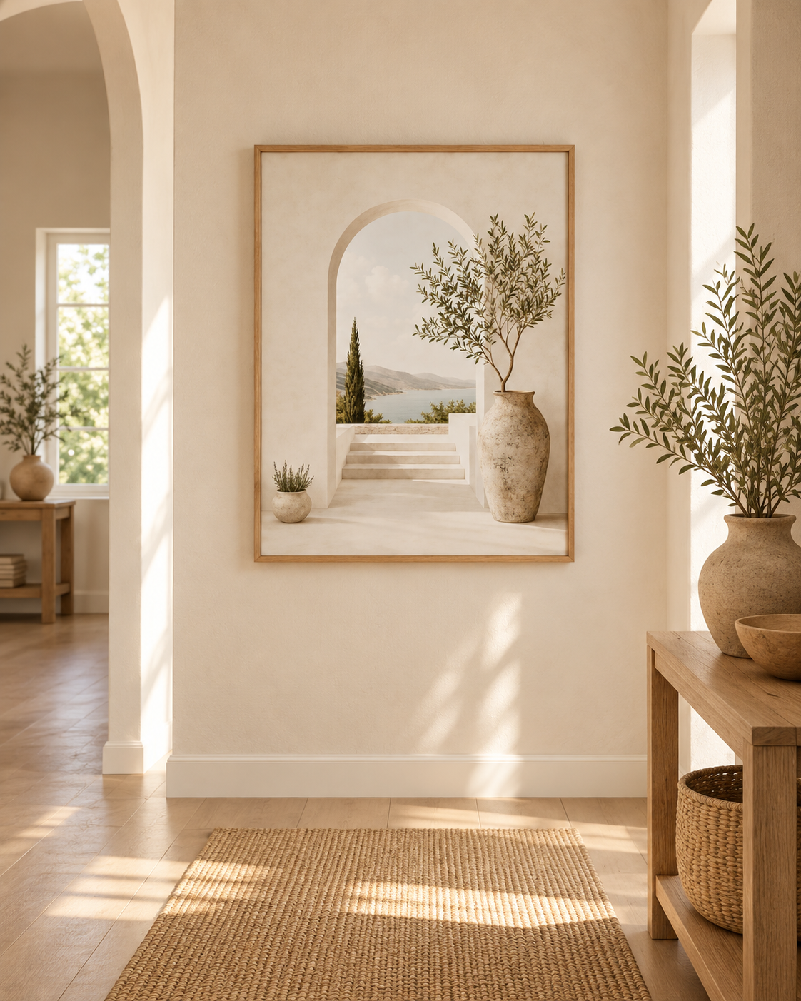 Framed Mediterranean Coastal Print, Neutral Archway and Olive Tree Wall Art
