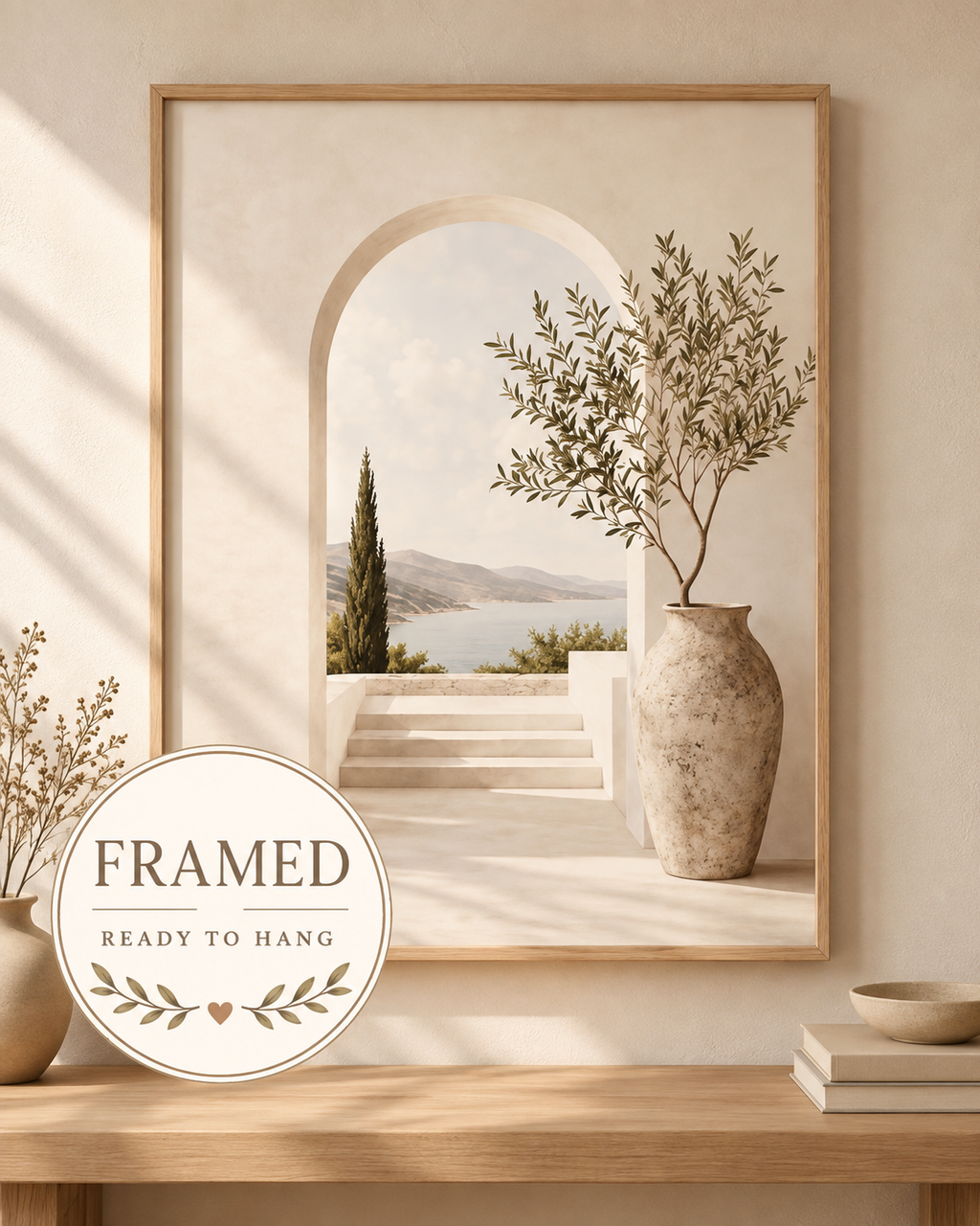 Framed Mediterranean Coastal Print, Neutral Archway and Olive Tree Wall Art