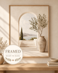 Framed Mediterranean Coastal Print, Neutral Archway and Olive Tree Wall Art