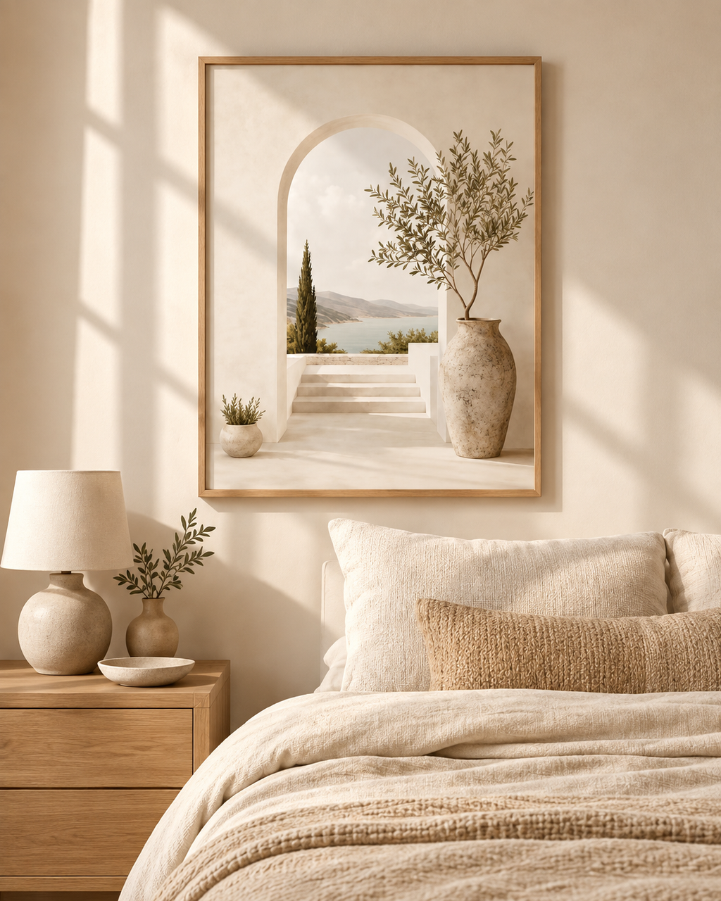 Framed Mediterranean Coastal Print, Neutral Archway and Olive Tree Wall Art