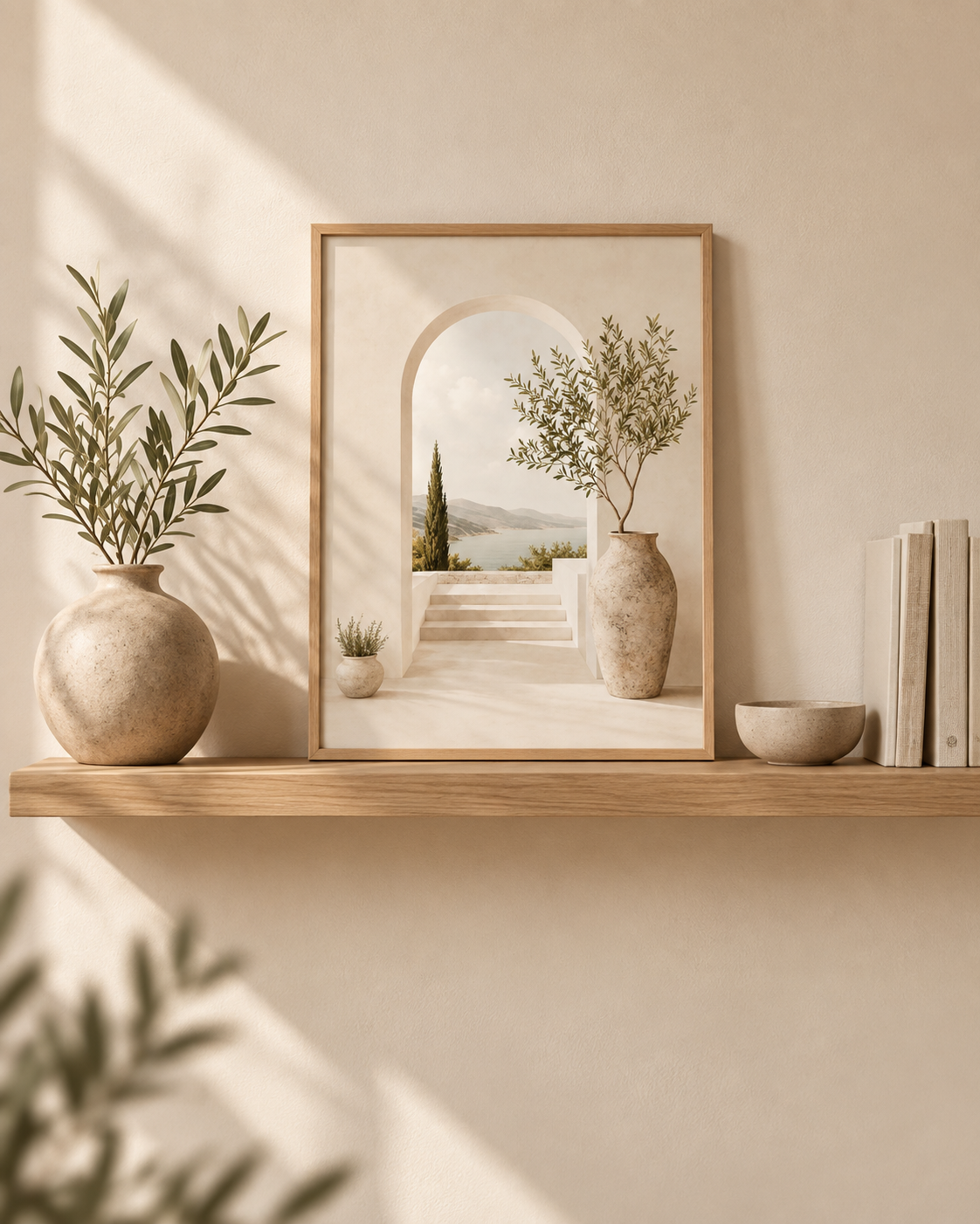 Framed Mediterranean Coastal Print, Neutral Archway and Olive Tree Wall Art