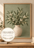 Framed sage green botanical vase print front image