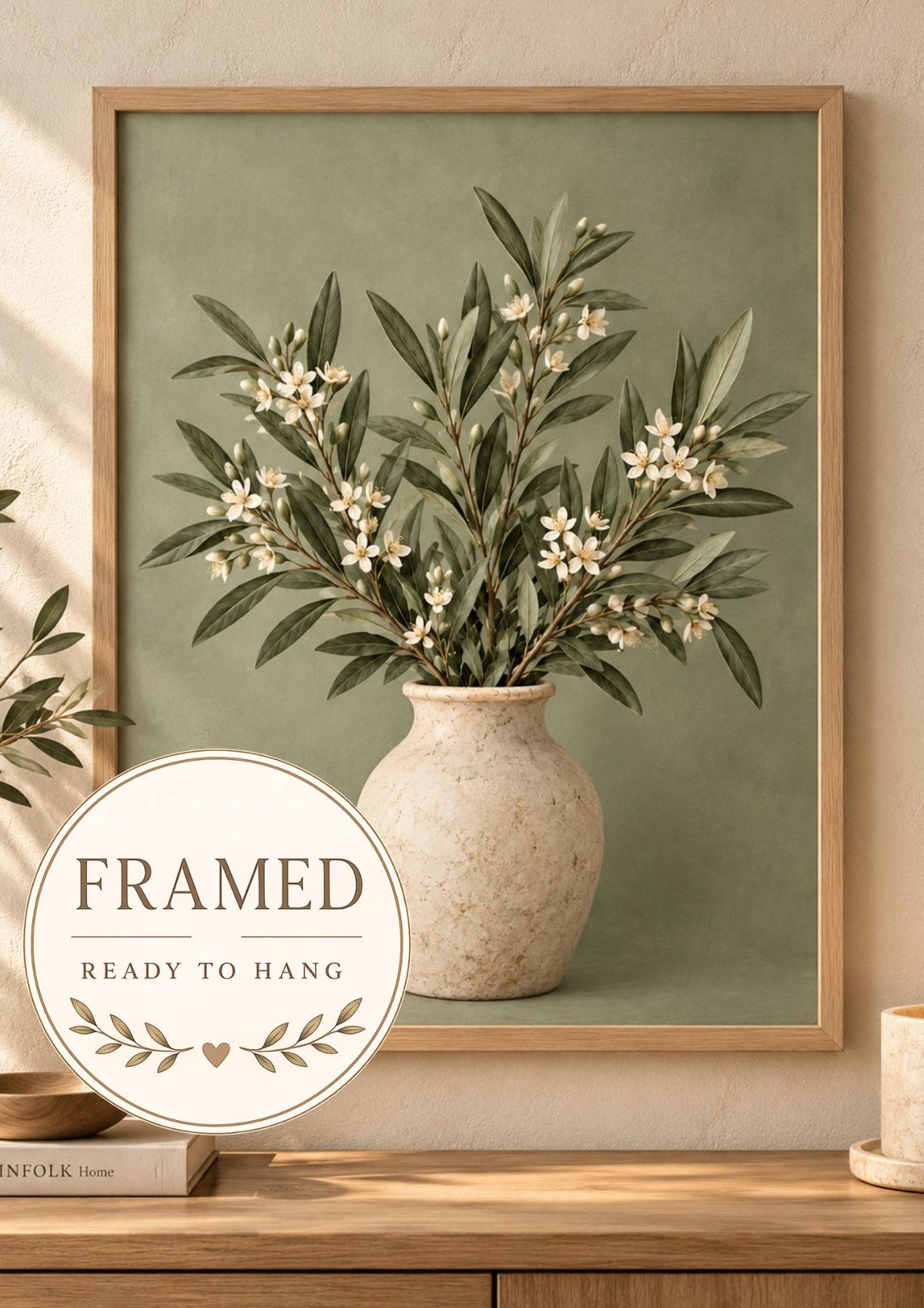 Framed sage green botanical vase print front image