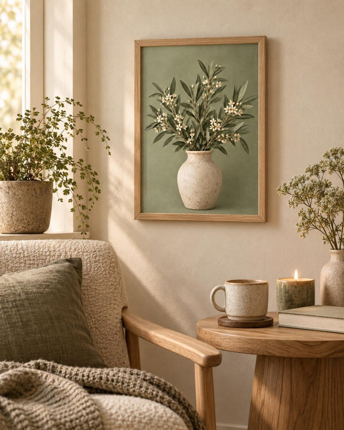 Framed sage green botanical vase print lifestyle mockup 2