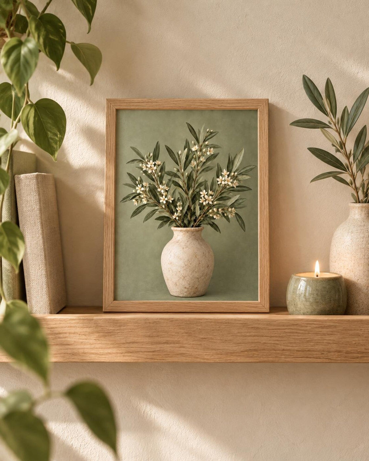 Framed sage green botanical vase print lifestyle mockup 4