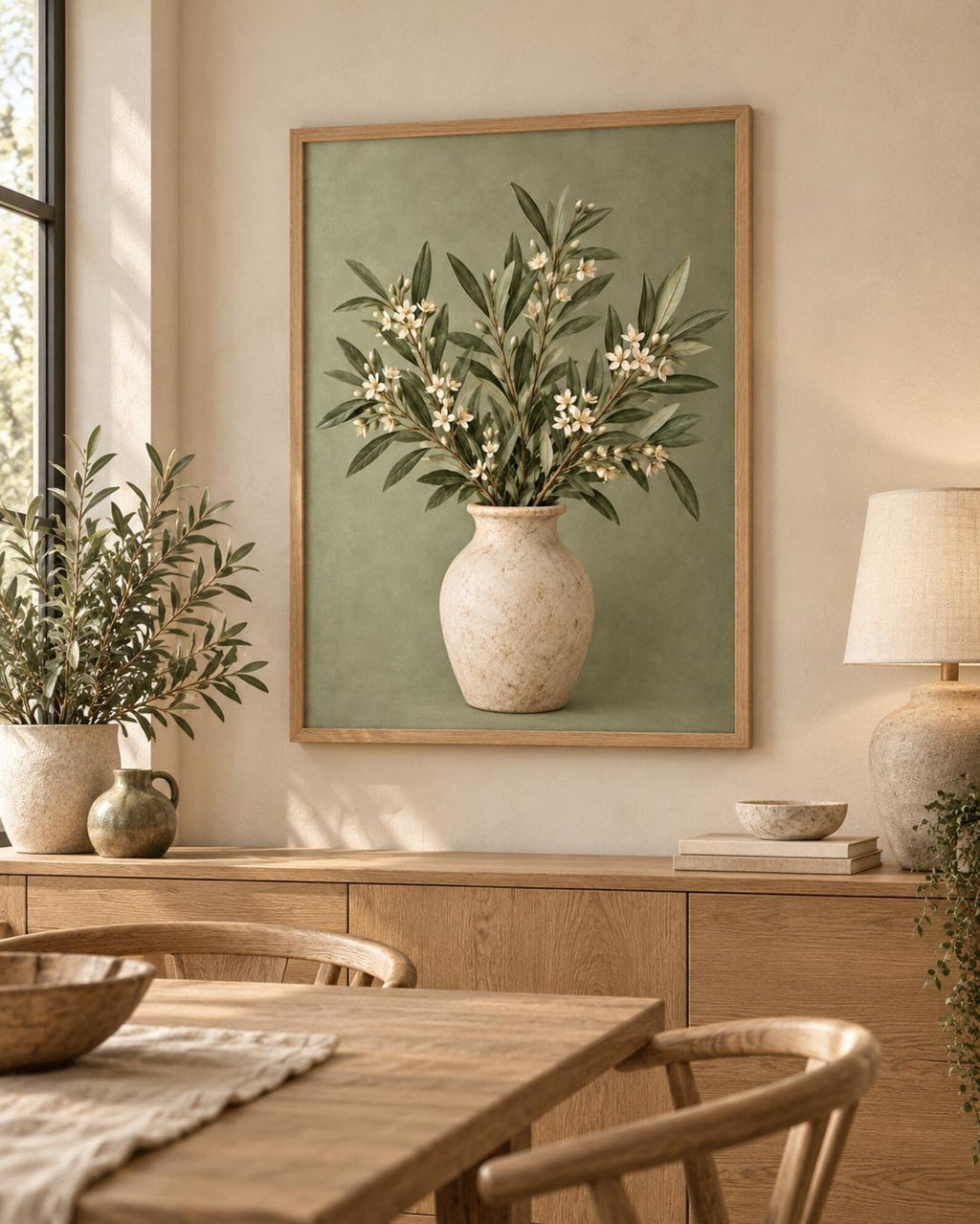 Framed sage green botanical vase print lifestyle mockup 5