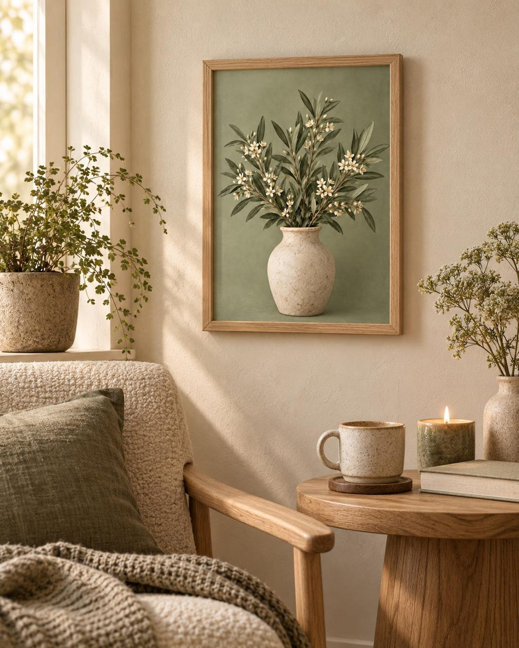 Sage green botanical vase print lifestyle mockup 2