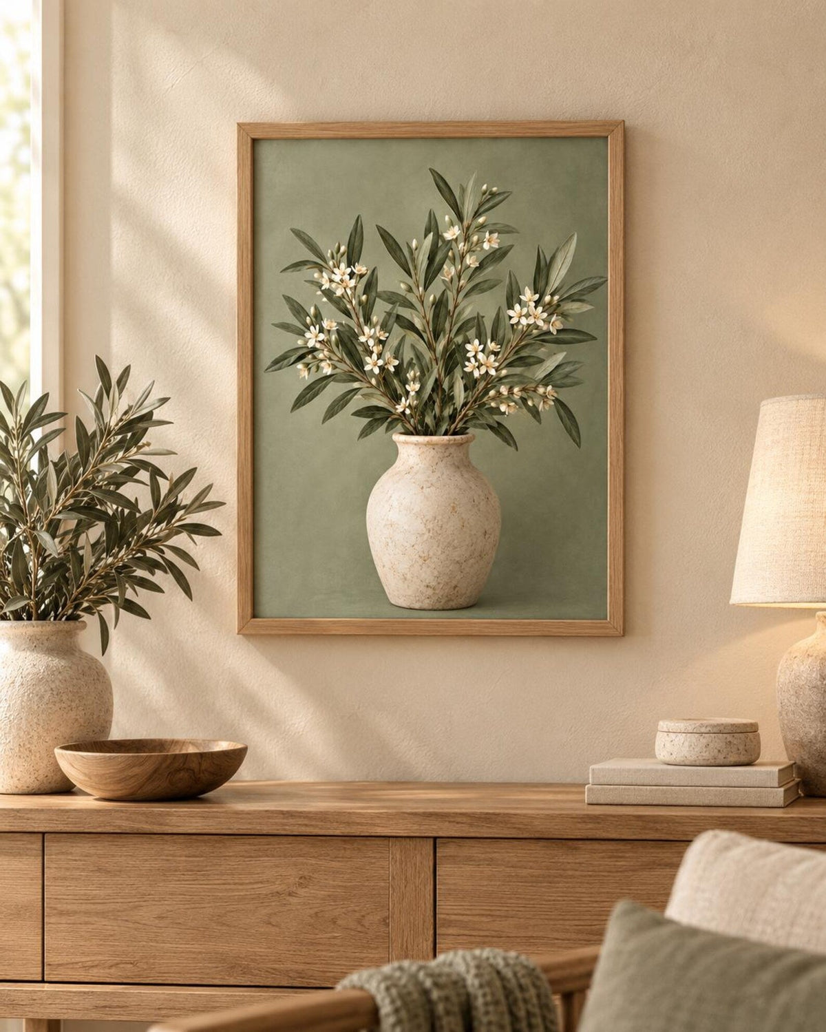 Sage green botanical vase print lifestyle mockup 5