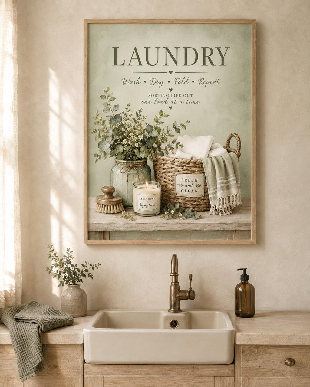 Sage green laundry print utility room lifestyle mockup