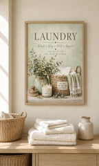 Laundry room wicker basket and greenery mockup