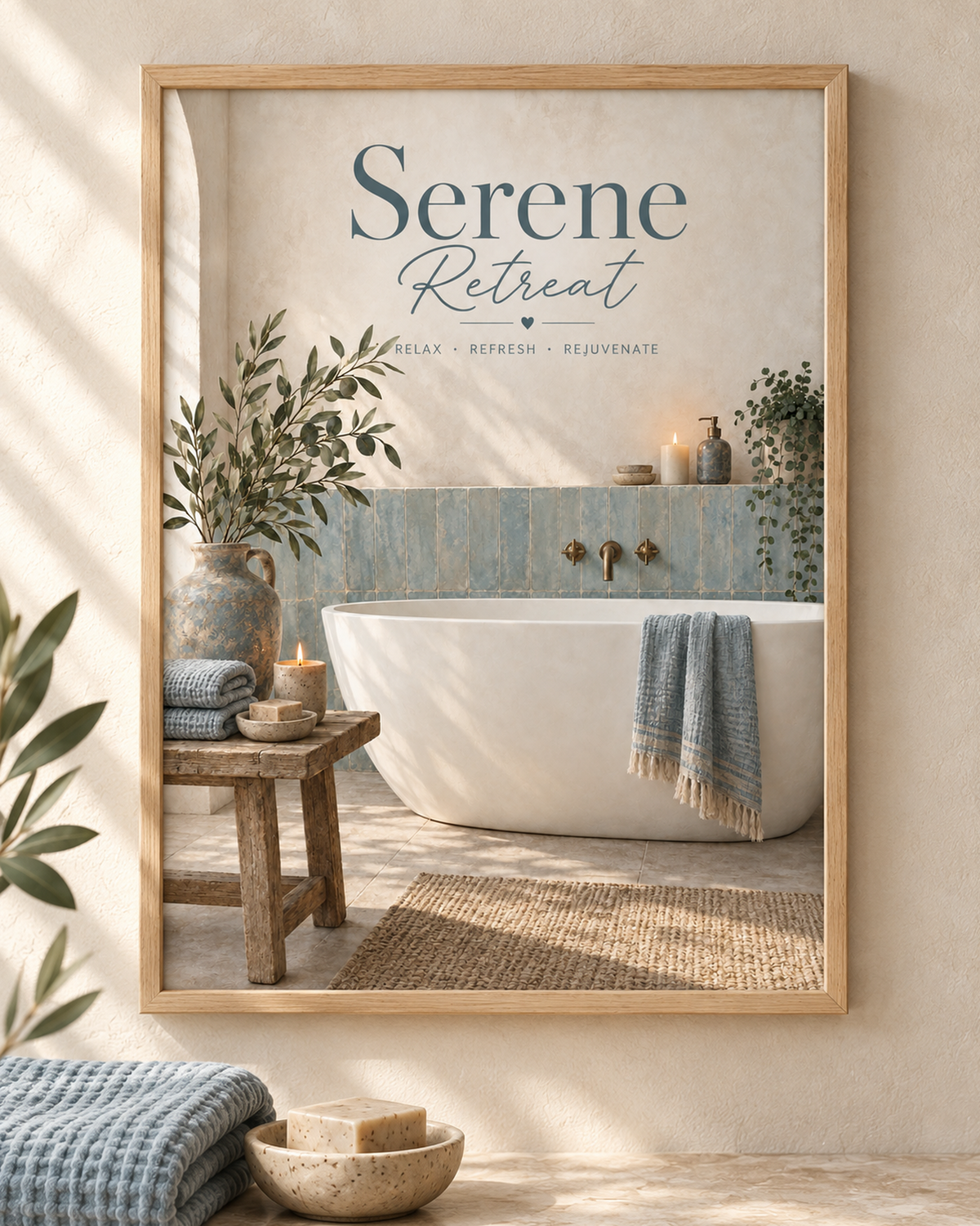 Serene Retreat blue spa bathroom print front image