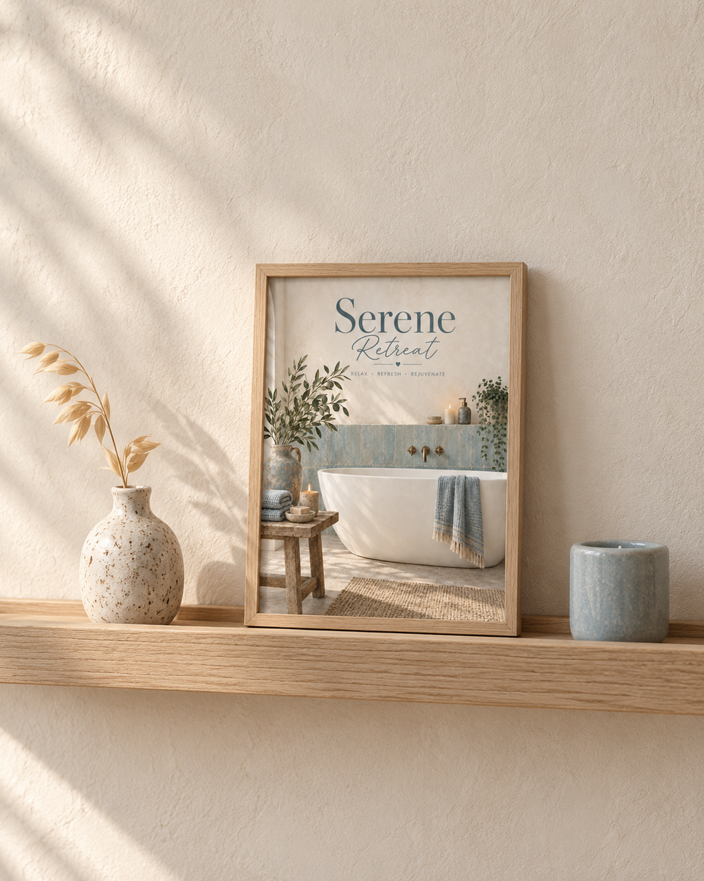 Serene Retreat bathroom print small shelf mockup
