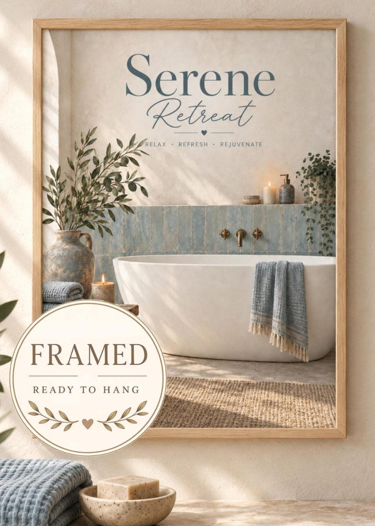 Framed Serene Retreat blue spa bathroom wall art front image
