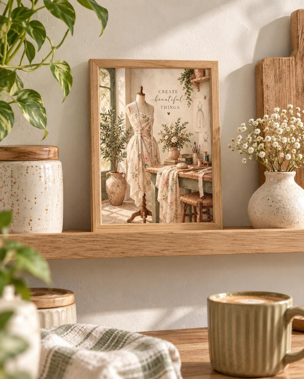 Sewing Room Print, Vintage Dressmaker Art, Create Beautiful Things Quote — lifestyle mockup 5