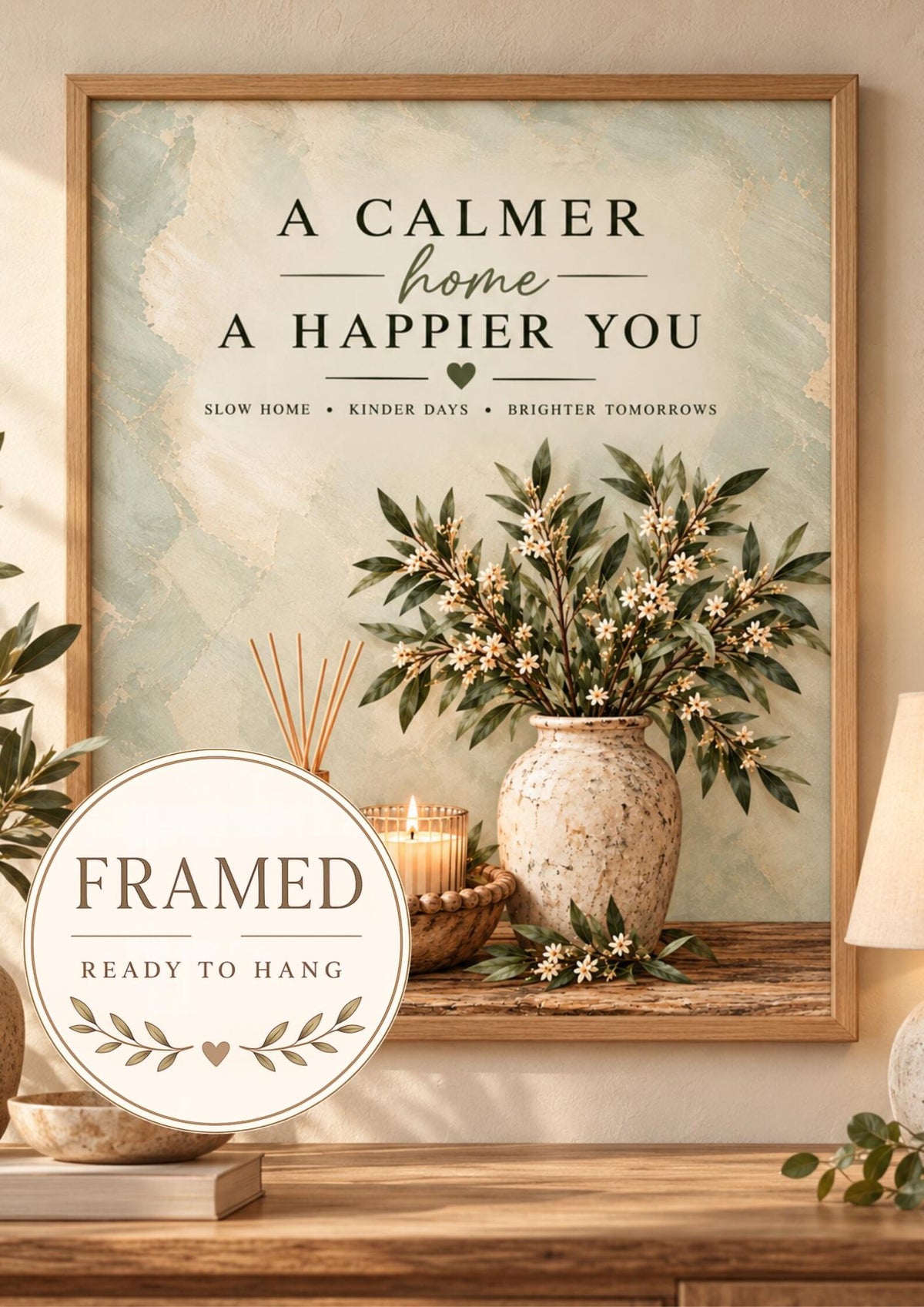 Framed Slow Living Quote Print, Sage Green Botanical Wall Art — framed ready-to-hang front image