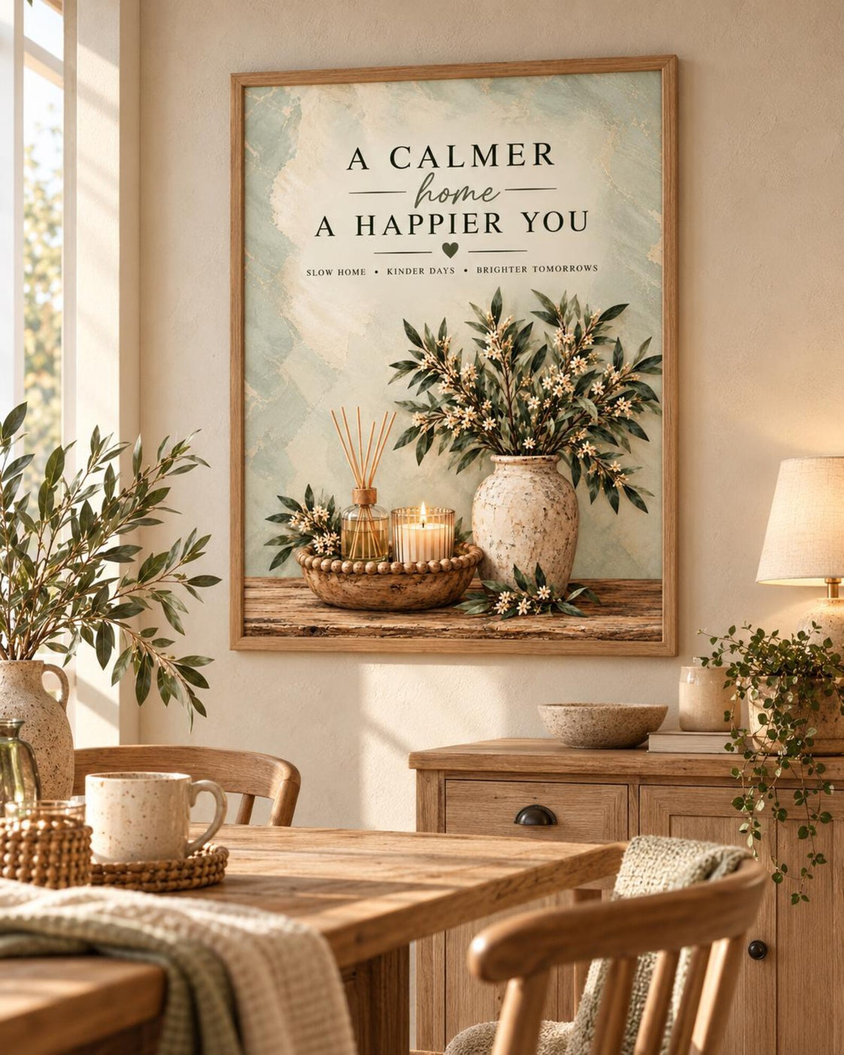 Framed Slow Living Quote Print, Sage Green Botanical Wall Art — lifestyle mockup 1