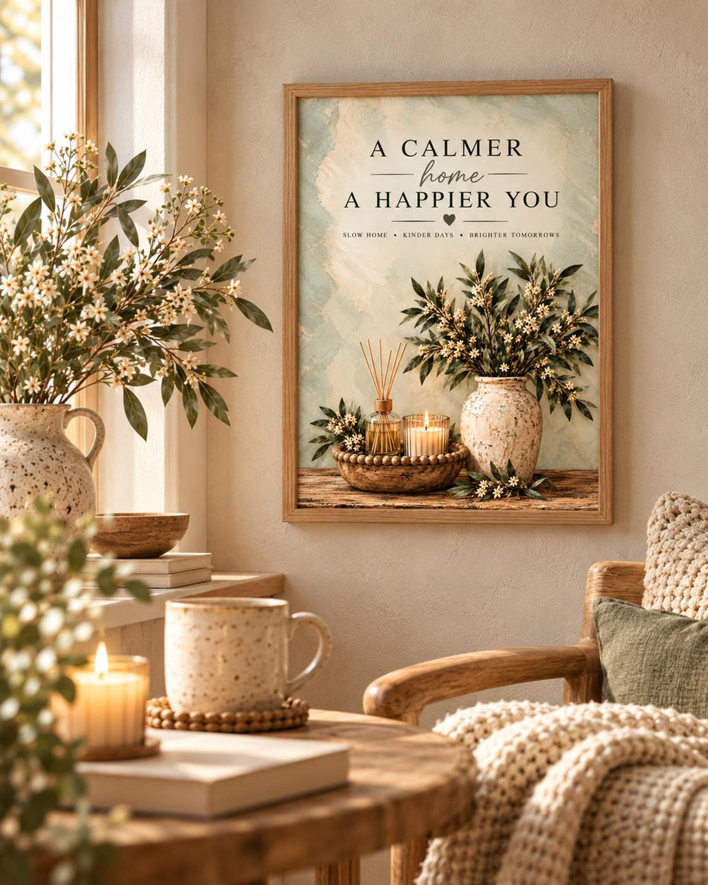 Framed Slow Living Quote Print, Sage Green Botanical Wall Art — lifestyle mockup 2
