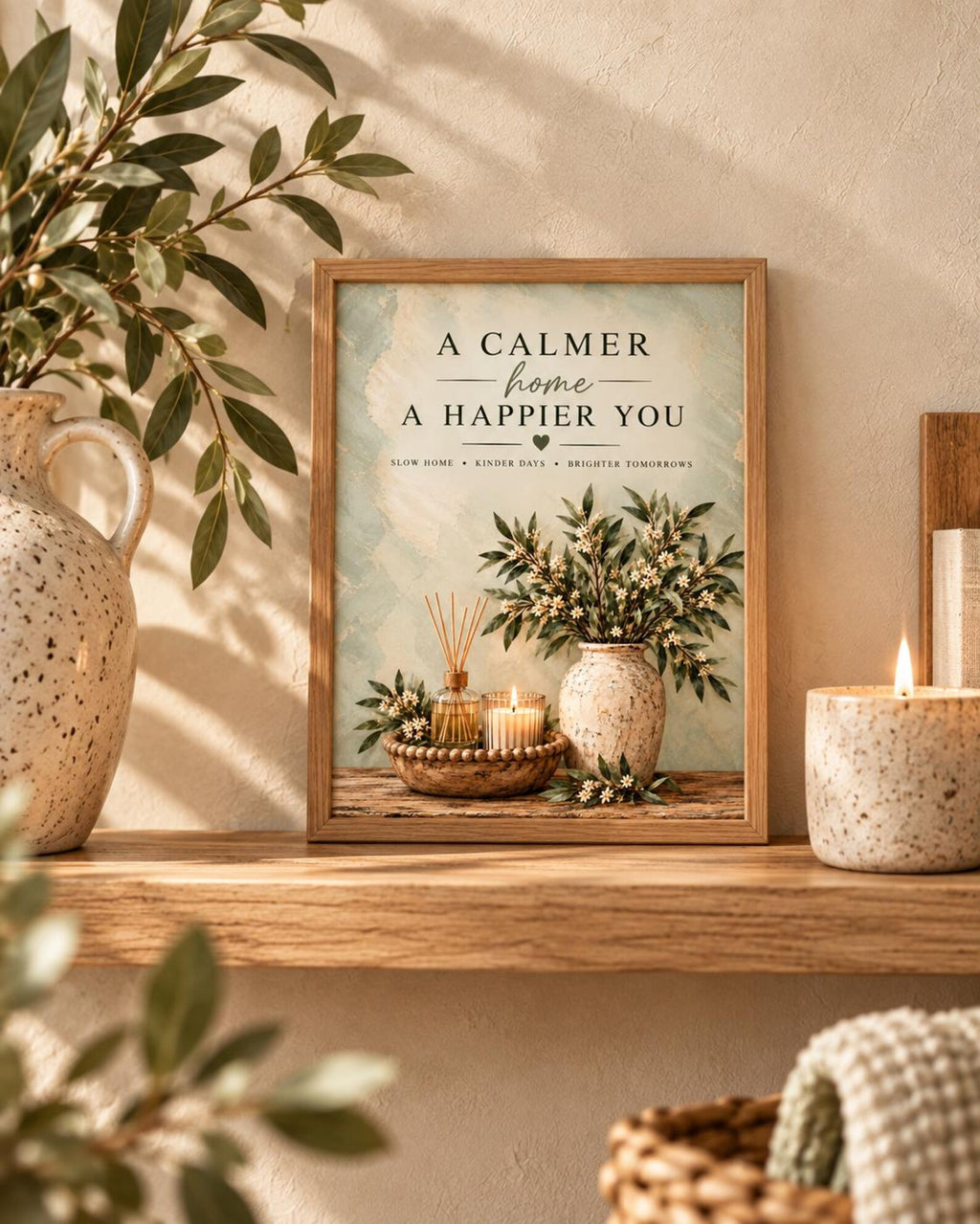 Framed Slow Living Quote Print, Sage Green Botanical Wall Art — lifestyle mockup 4
