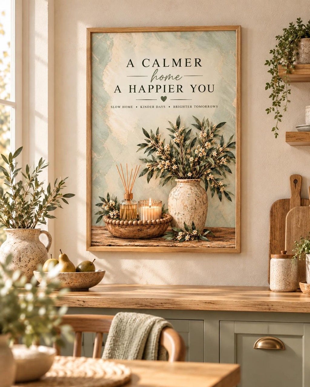 Framed Slow Living Quote Print, Sage Green Botanical Wall Art — lifestyle mockup 5