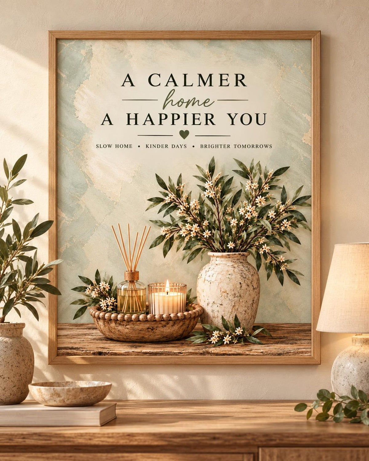 Slow Living Quote Print, Sage Green Botanical Wall Art — front image