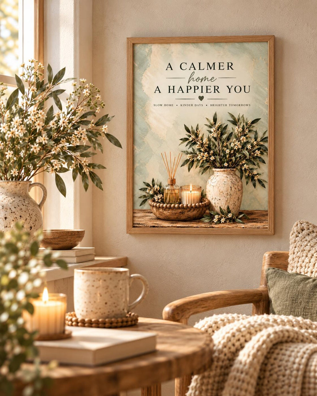 Slow Living Quote Print, Sage Green Botanical Wall Art — lifestyle mockup 3