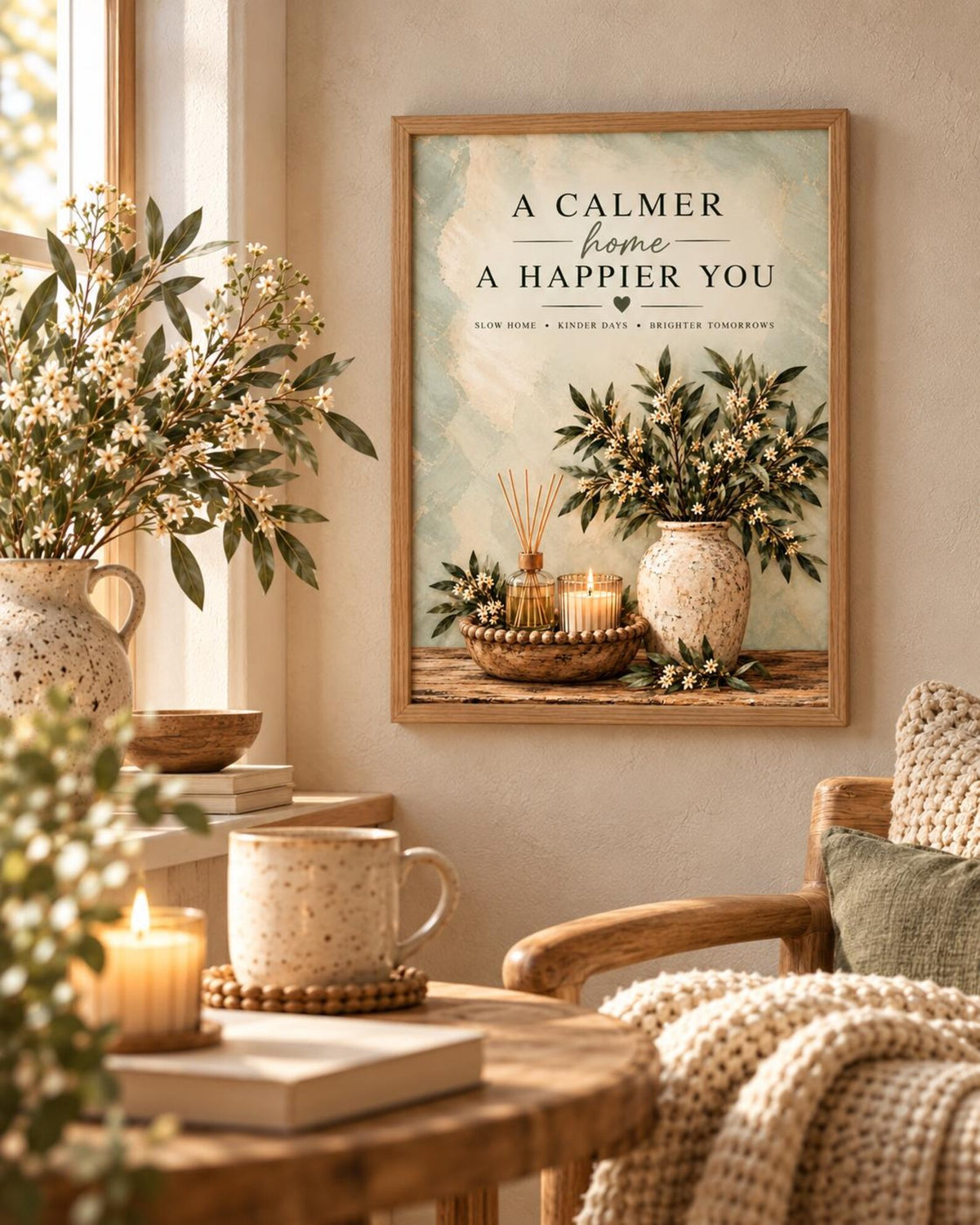 Slow Living Quote Print, Sage Green Botanical Wall Art — lifestyle mockup 3