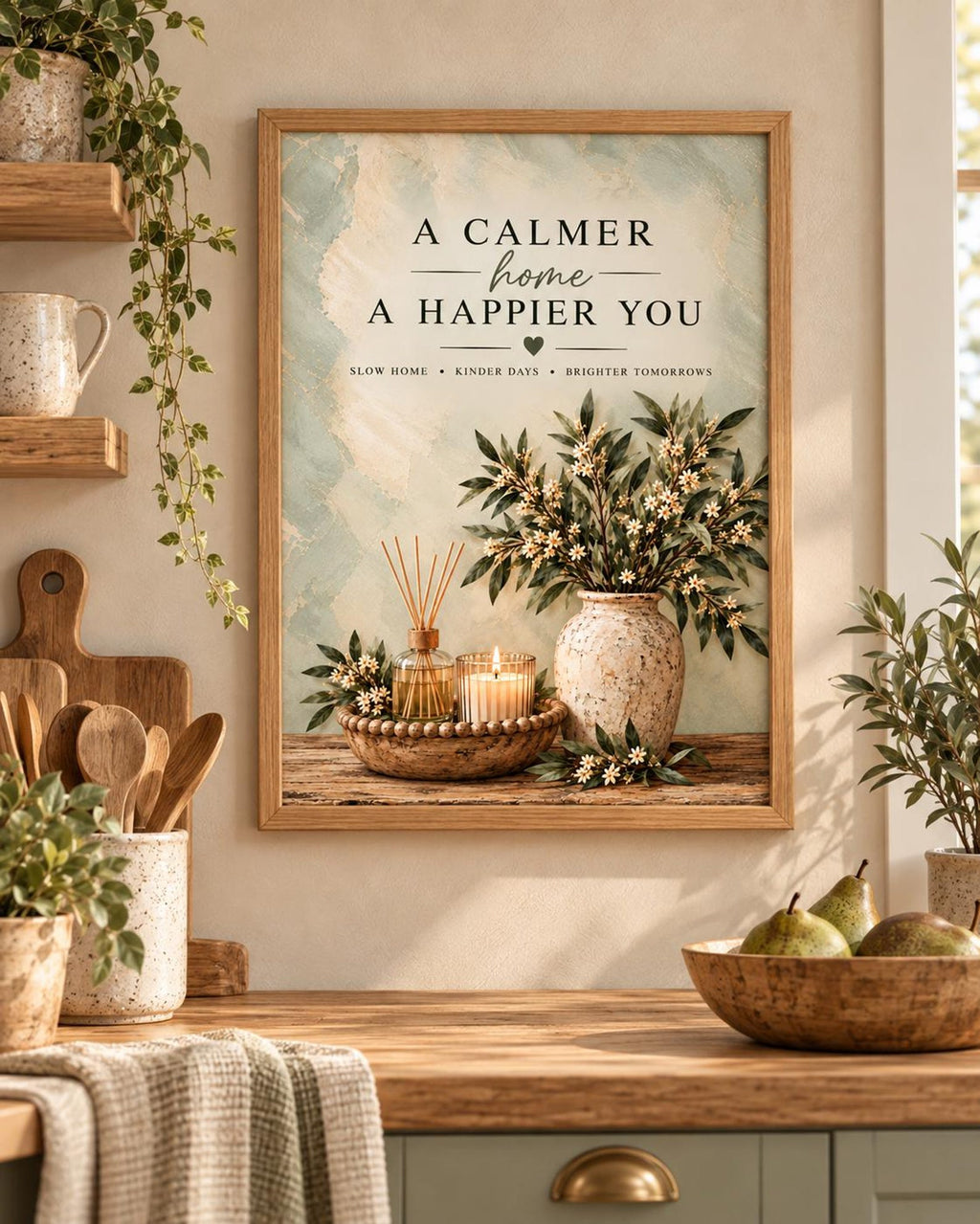Slow Living Quote Print, Sage Green Botanical Wall Art — lifestyle mockup 4