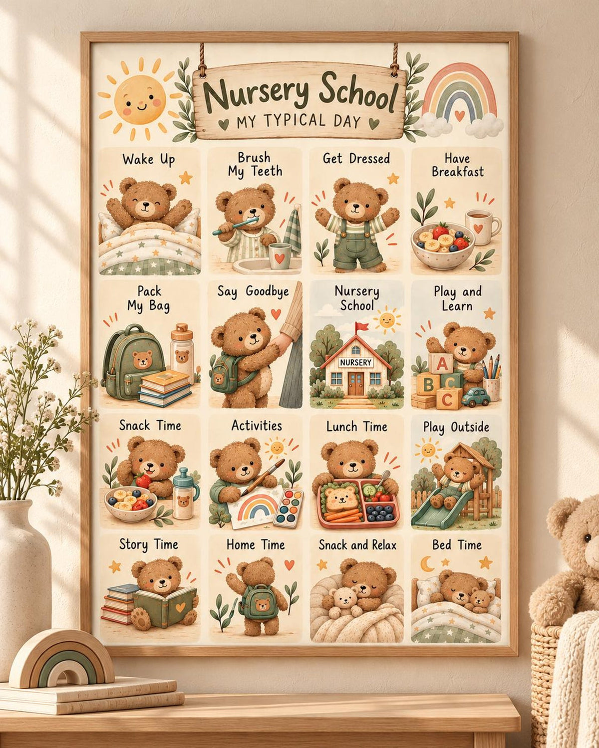 Nursery Routine Print, Teddy Bear Daily Schedule Wall Art for Children's Bedroom — front image