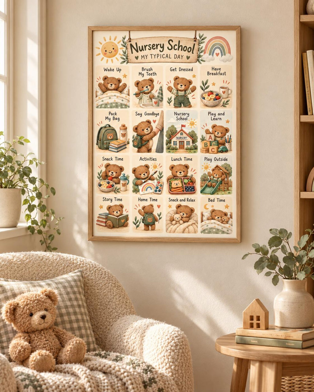 Nursery Routine Print, Teddy Bear Daily Schedule Wall Art for Children's Bedroom — lifestyle mockup 2