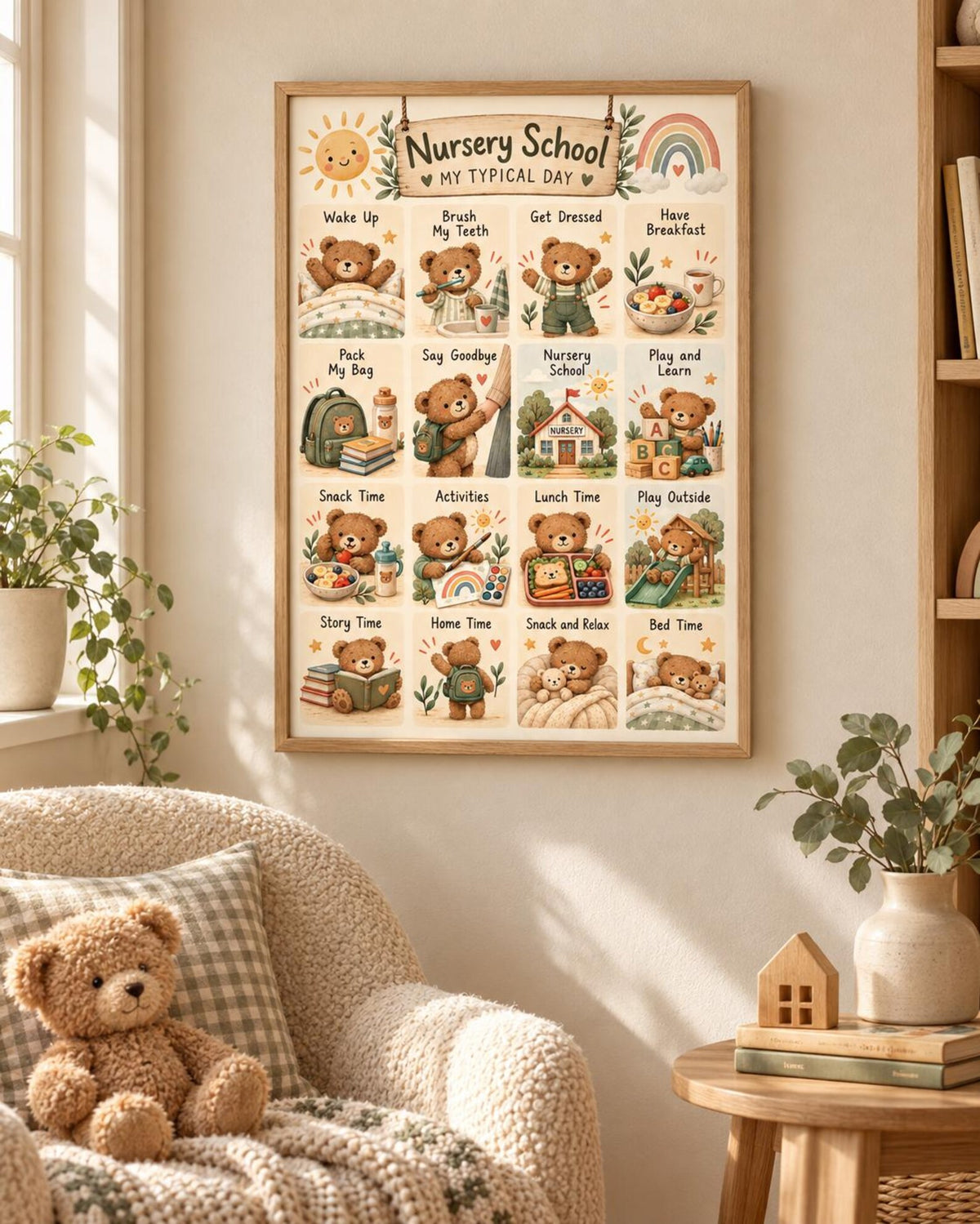 Nursery Routine Print, Teddy Bear Daily Schedule Wall Art for Children's Bedroom — lifestyle mockup 2
